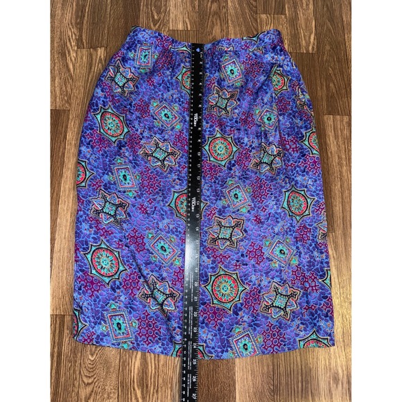 Vibrant Geometric Print Midi Skirt Silk Blue Pink Teal Women's Size 10 - Picture 2 of 4